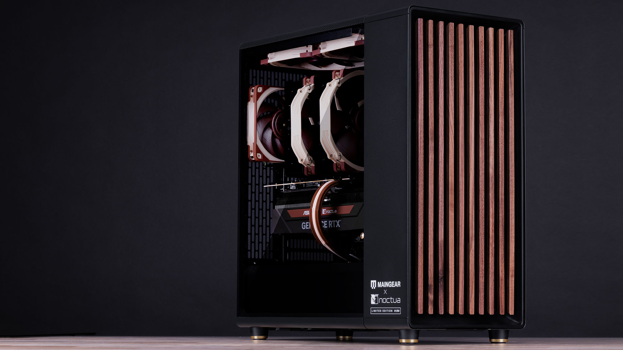 A Maingear North Series gaming PC on a wooden table