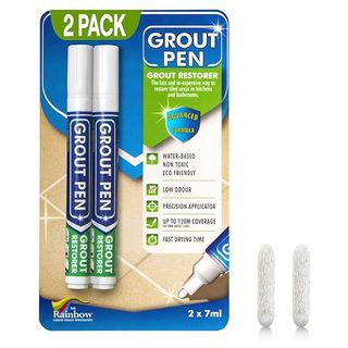 A pack of two blue grouting pens with white caps. 