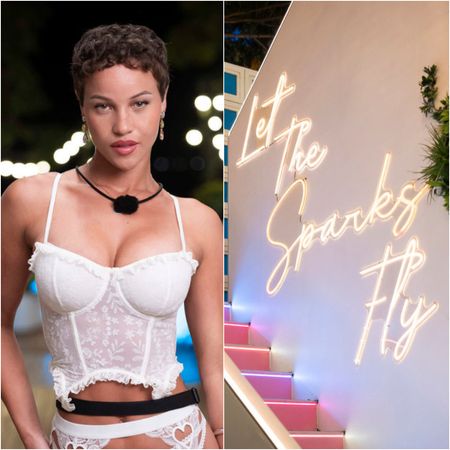 a two-split image of Sol Dean from 'Love Island USA' season 8, wearing white lingerie, and the "Let the Sparks Fly" neon sign over the villa staircase
