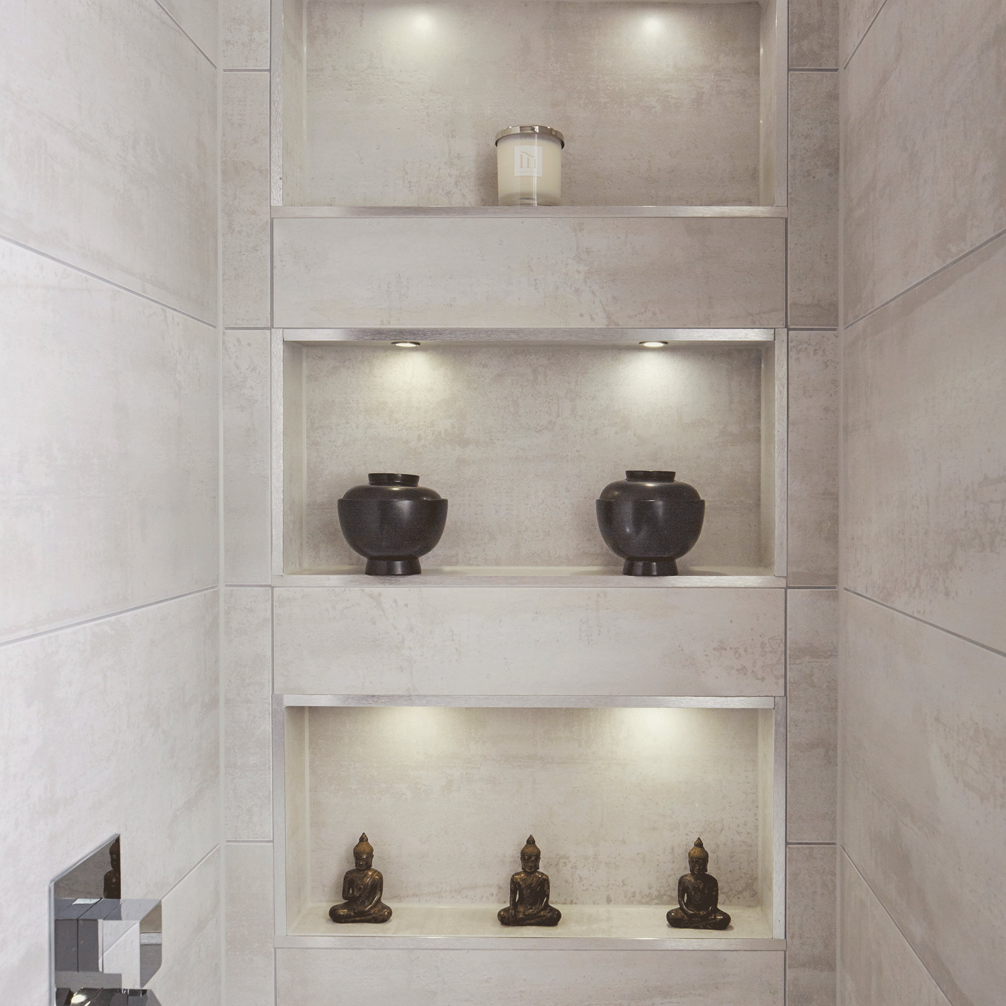 Bathroom shelves with recessed lights