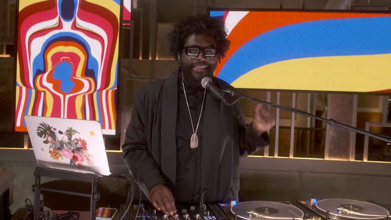 Questlove DJs during the Oscars
