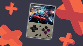 Miyoo Mini Plus with GamesRadar+ symbols in backdrop