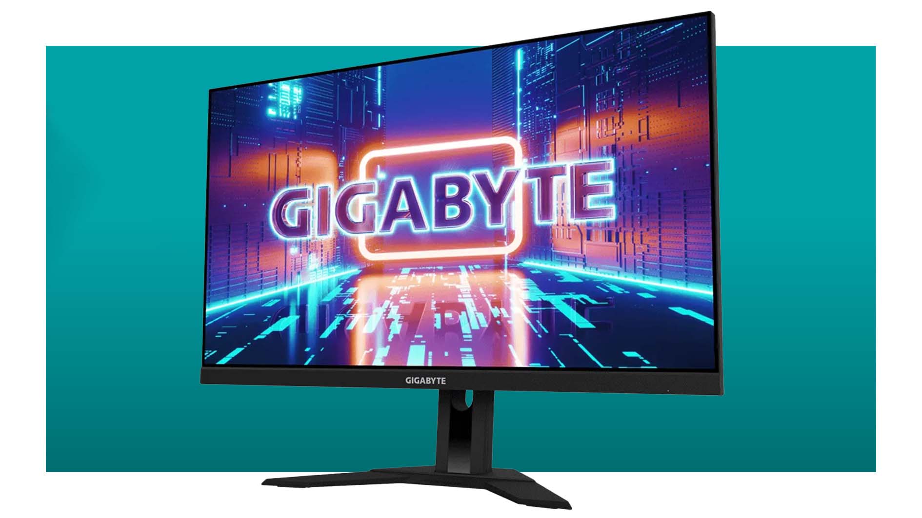 Gigabyte M28U gaming monitor on a blue gradient background