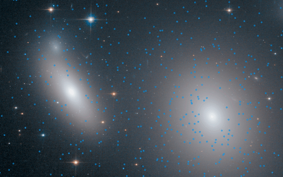 This animation offers a blink comparison of the locations of red stars and blue stars in the globular clusters of the NGC 1277 and NGC 1278 galaxies.