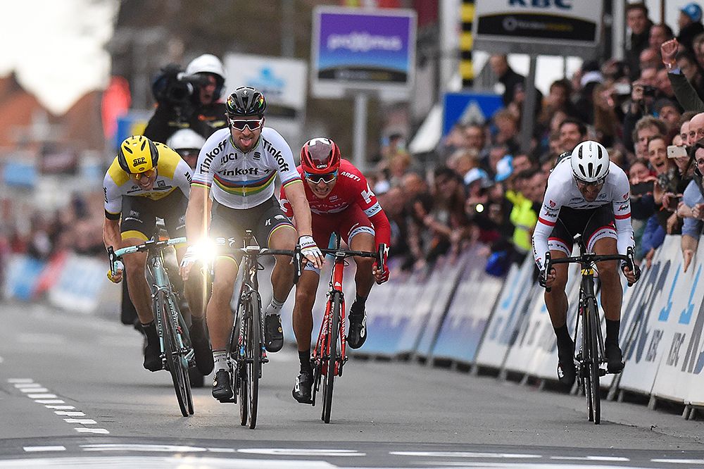 Peter Sagan (Tinkoff) wins the four-man sprint to victory at Gent-Wevelgem