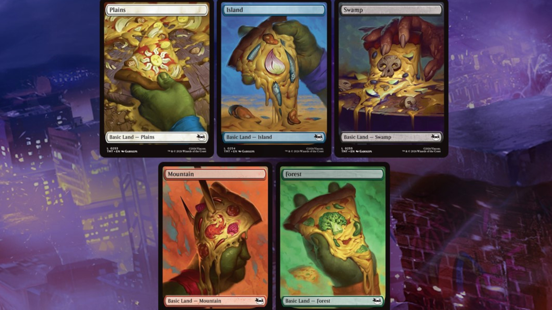 MTG Teenage Mutant Ninja Turtles pizza cards against a purple cityscape