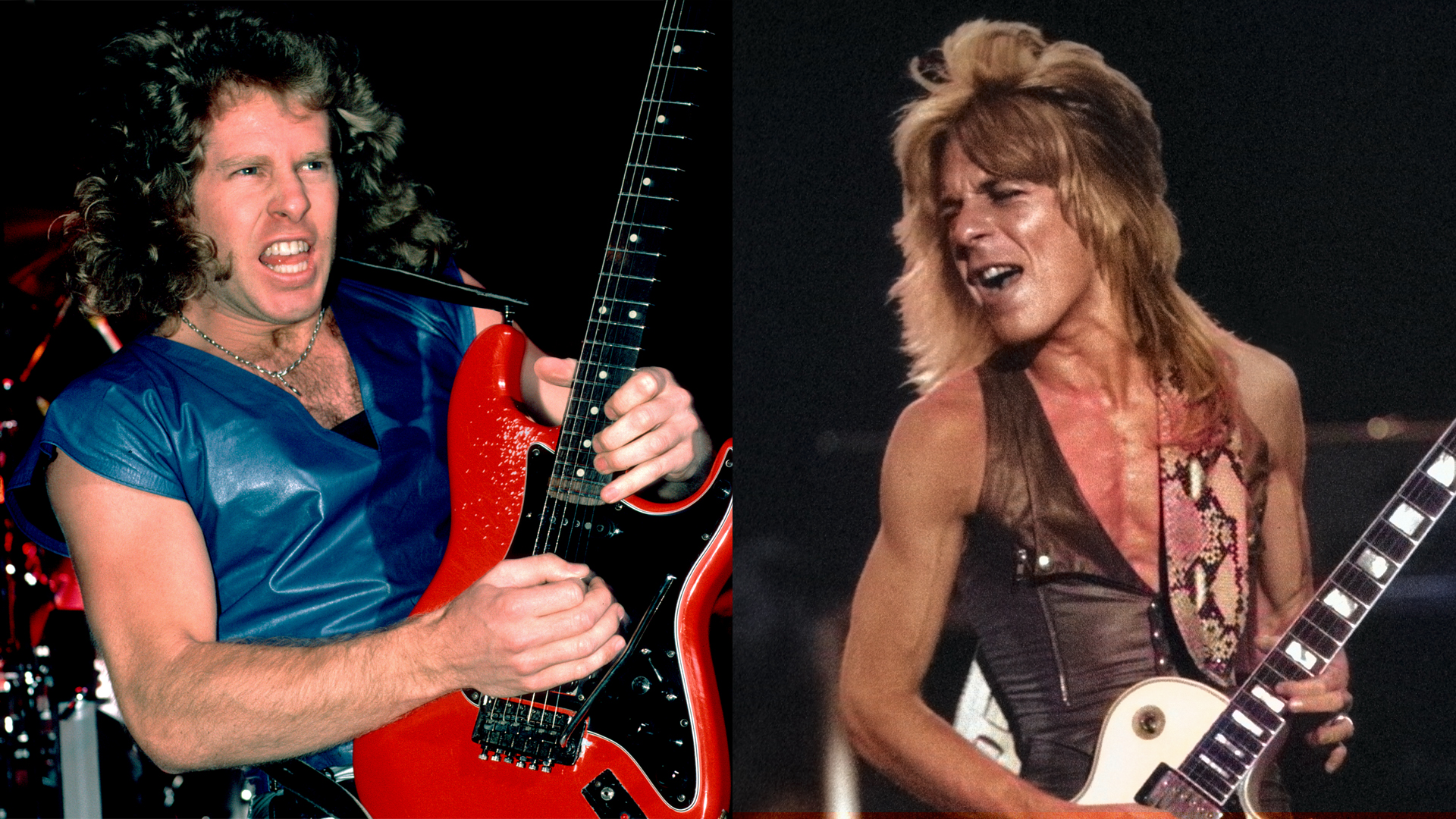 LEFT: Brad Gillis of Night Ranger at the Embassy Ballroom in Chicago, Illinois, April 20, 1984. RIGHT: Guitarist Randy Rhoads is shown performing on stage during a live concert appearance with the Blizzard of Ozz on August 26, 1981. 