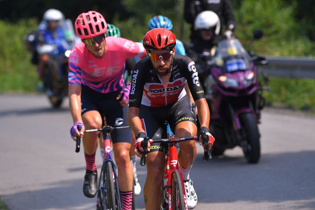 BIELSKOBIALA POLAND AUGUST 07 Thomas De Gendt of Belgium and Team Lotto Soudal Jonas Rutsch of Germany and Team EF Education First Breakaway during the 77th Tour of Poland 2020 Stage 3 a 2031km stage from Wadowice to BielskoBiaa 433m TourdePologne tdp20 on August 07 2020 in BielskoBiala Poland Photo by Luc ClaessenGetty Images
