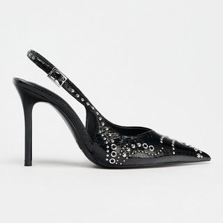 Black studded high heel slingback shoes from Zara