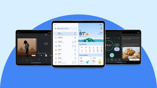 A collection of three Pixel Fold’s show the Deezer app, Google Weather experience, and SideChef app
