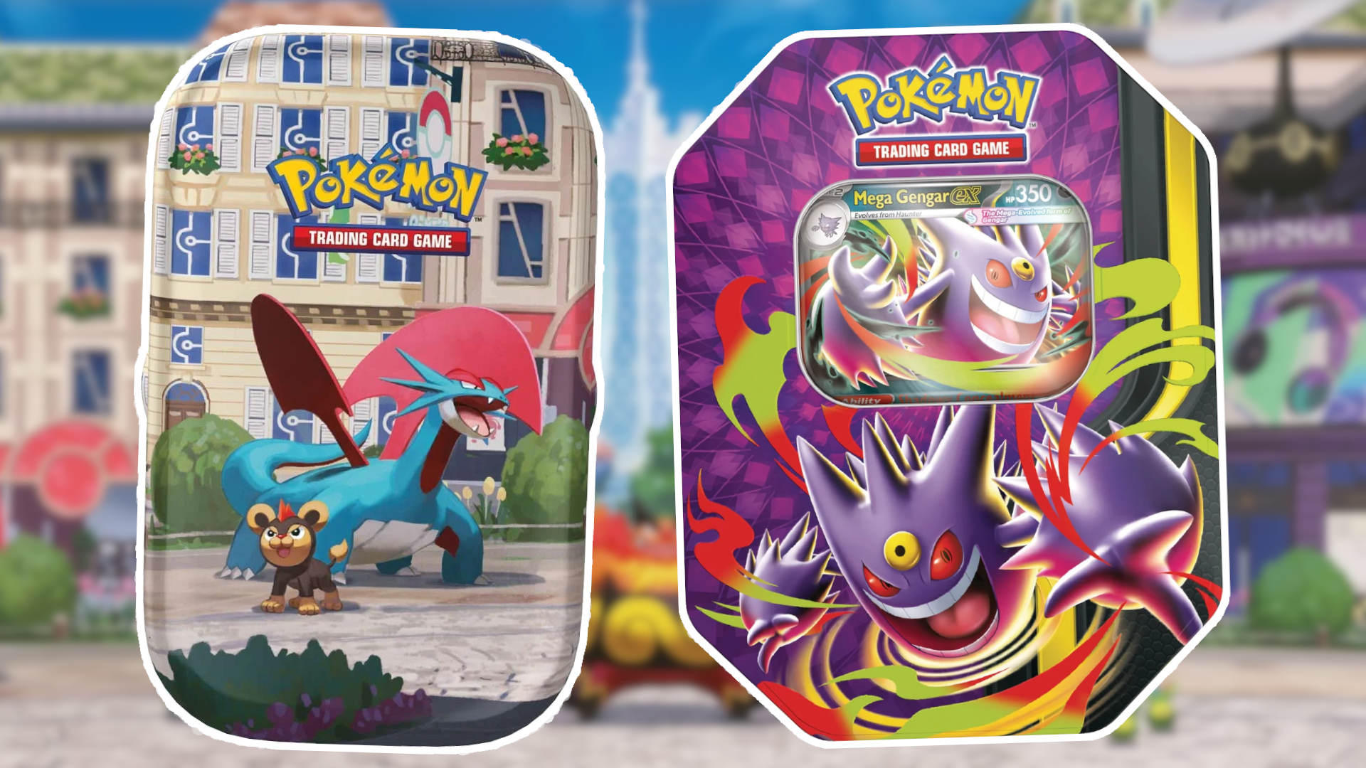 Lumiose City Mini Tin and Mega Moonlight Tin against a blurred Lumiose City background