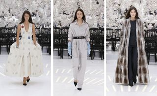 Three separate images of female catwalk models wearing designer clothing, white floor, rows of black chairs and floral walls in the backdrop