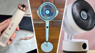 Split image of three fans from Dyson, Meaco, and Dreo