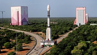 An Indian Geosynchronous Satellite Launch Vehicle carrying the EOS 3 satellite rolls out to its launchpad at the Satish Dhawan Space Center ahead of a planned launch at 8:43 p.m. EDT on Aug. 11, 2021. It will be Aug. 12 local time at launch.