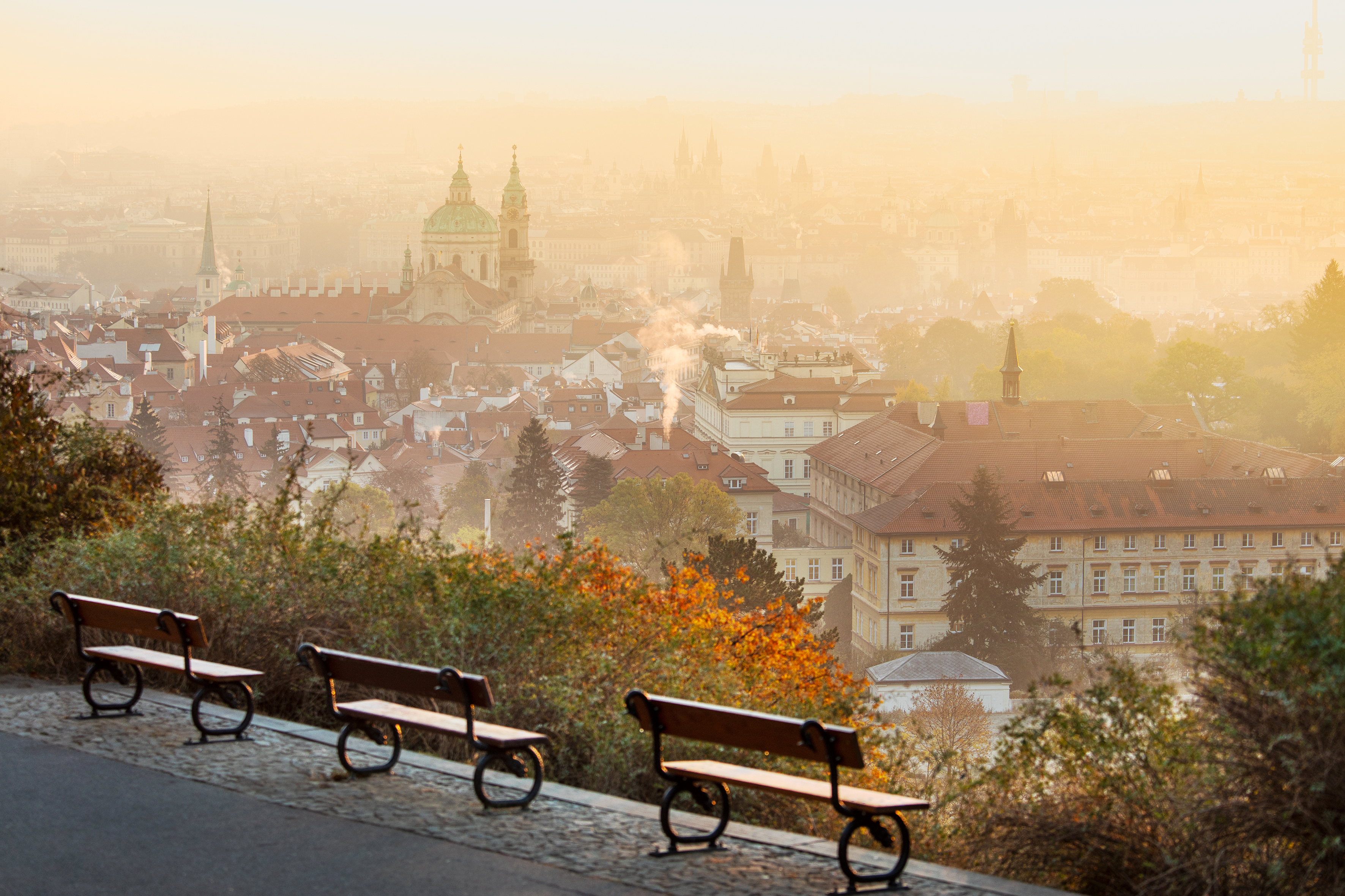 A sunny view of a historical city caught at dusk and immersed in fog and autumnal vegetation.