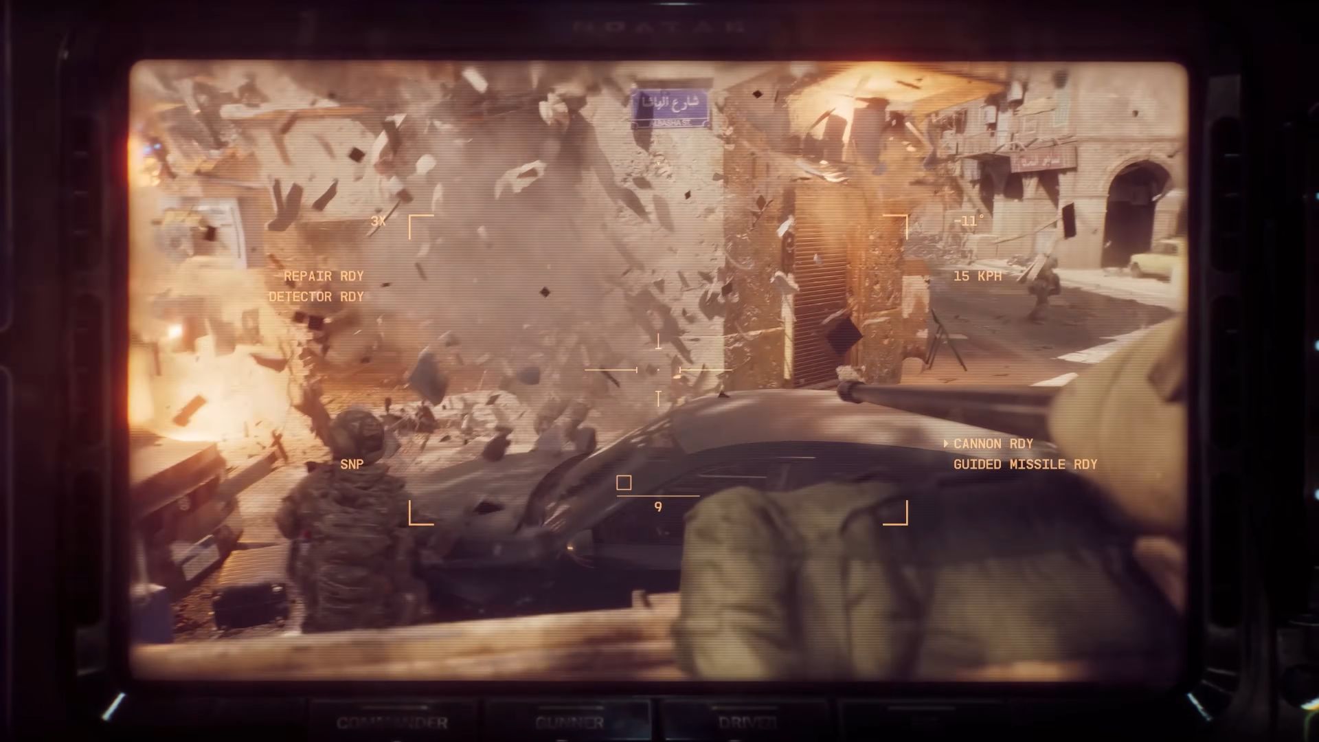 A chaotic explosion in Battlefield 6, looking down the scope of a gun. The indicators on screen say "Cannon Ready, Guided Missle Ready, Repair Ready" and "Detector Ready."