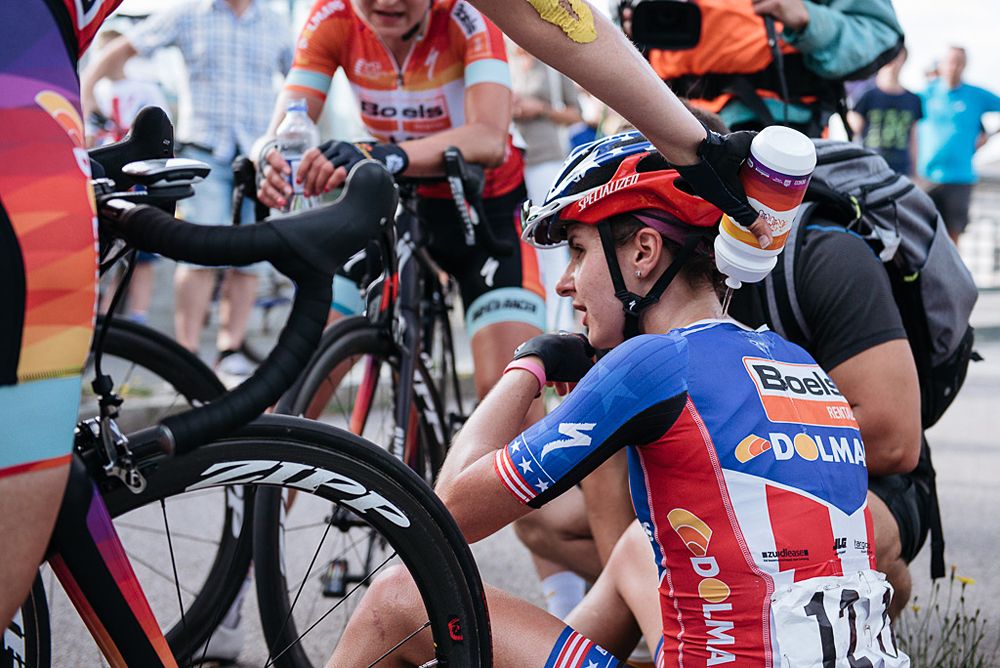 Megan Guarnier (Boels-Dolmans) sits down after winning stage 1 at the Ladies Tour of Norway
