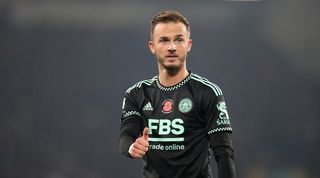 James Maddison in action for Leicester against Everton at Goodison Park.