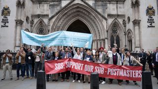 Members of the Justice for Subpostmasters Alliance celebrate their victory outside court in Mr Bates vs The Post Office episode 4