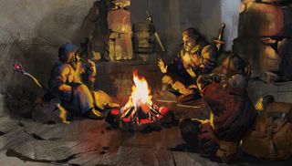 Dark and Darker adventures gathered around campfire