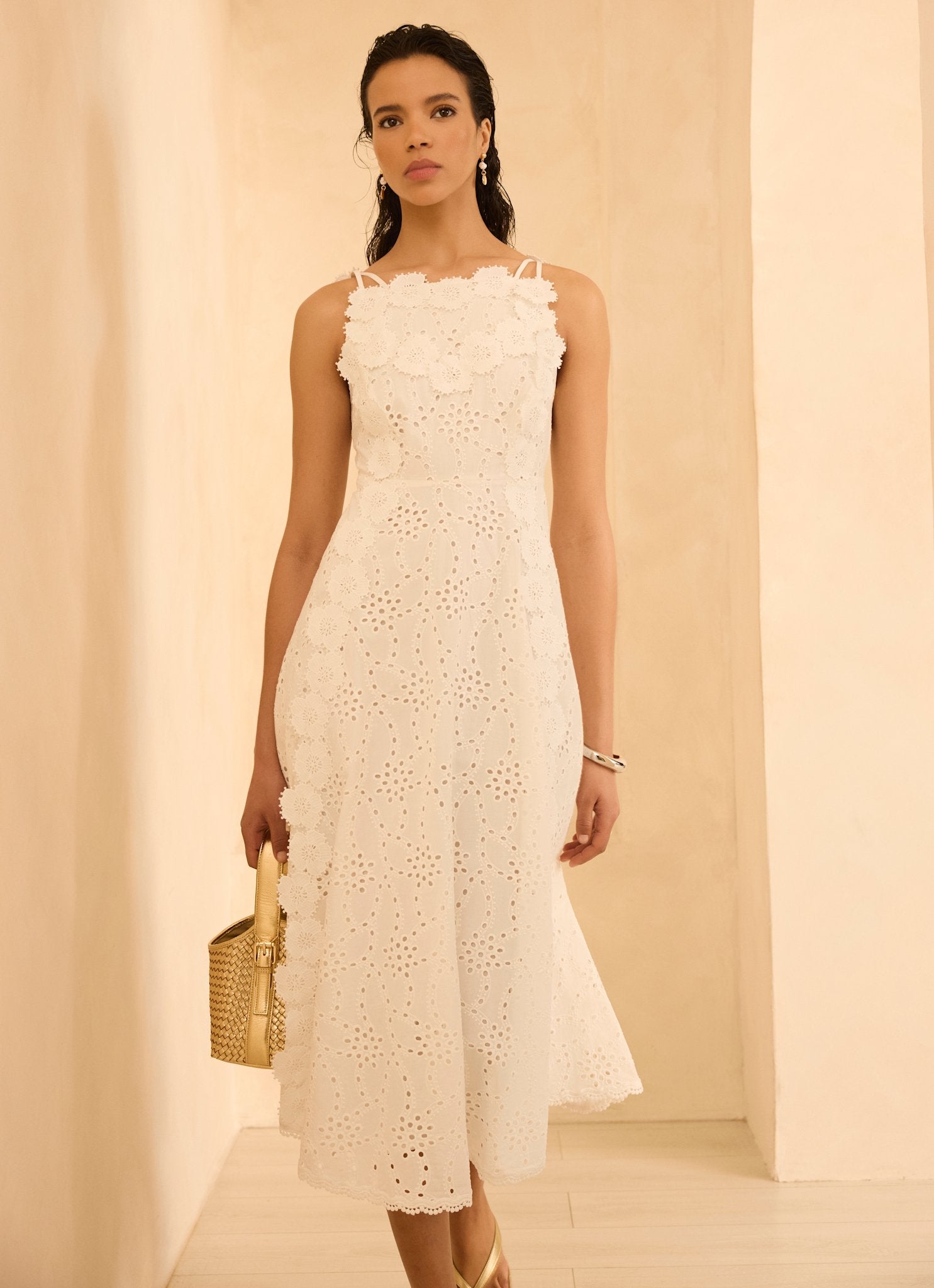 White Cotton Floral Lace Midi Dress