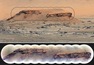 Sedimentary rock layers in the hill Kodiak, inside Mars’ Jezero Crater. The upper image shows a view taken by the Perseverance rover’s Mastcam-Z camera from a distance of about 1.39 miles (2.24 kilometers). The lower image shows a SuperCam Remote Microscopic Imager mosaic showing distinctive inclined beds sandwiched between horizontal beds that are telltale signs of deposition in a delta environment.