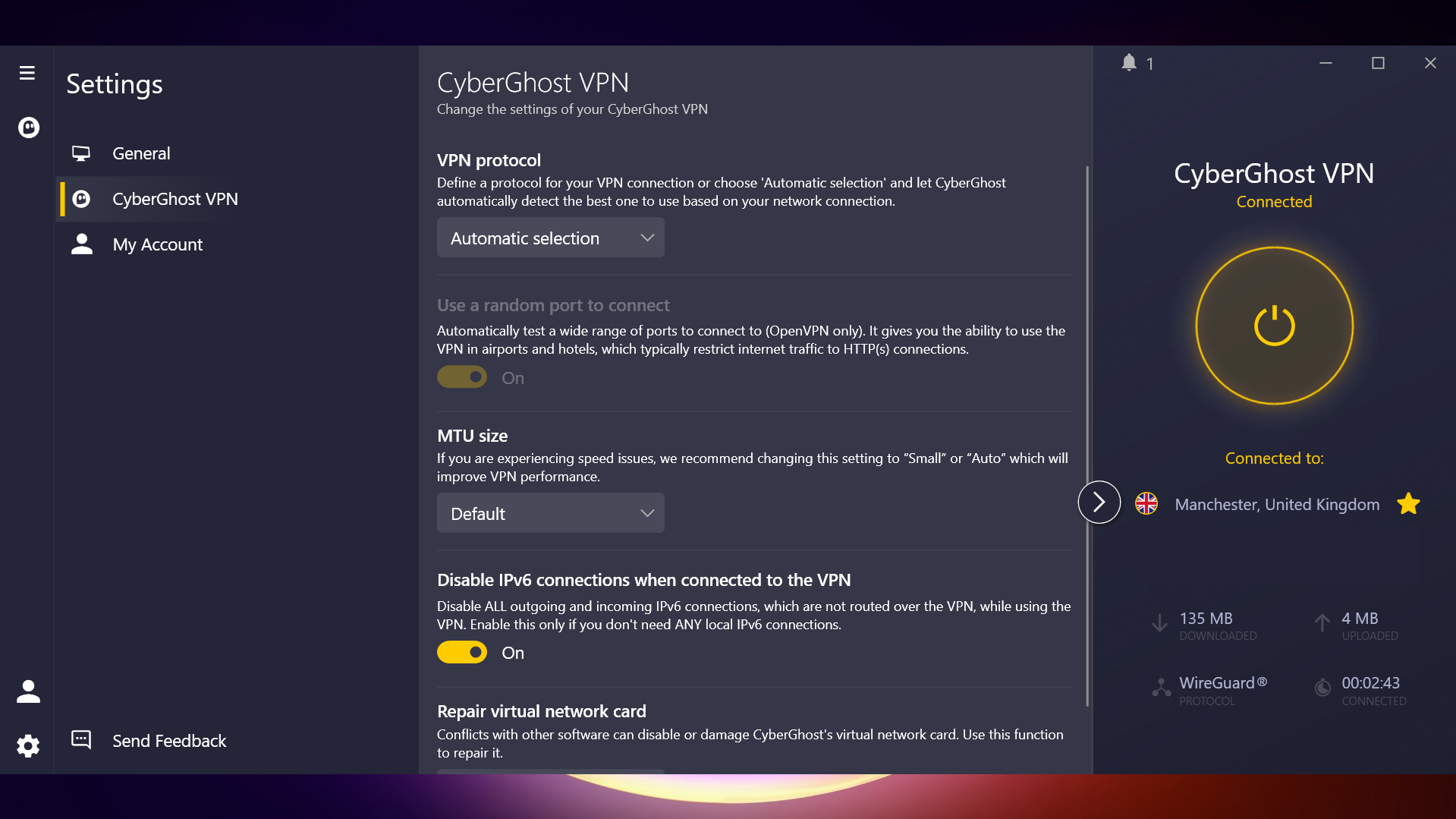 CyberGhost VPN settings