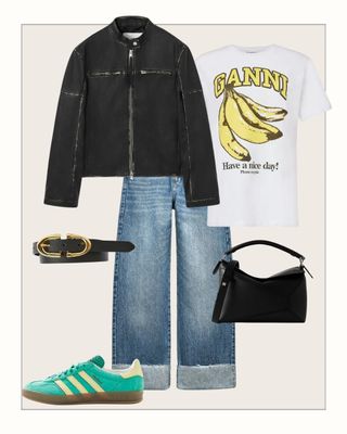 LEATHER JACKET, LOGO TEE, BAGGY JEANS, TRAINERS