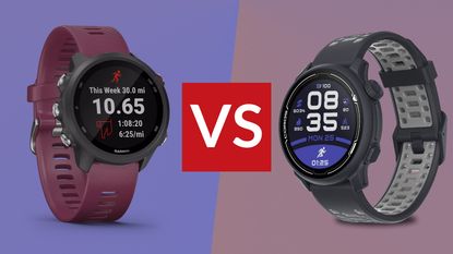 Garmin Forerunner 245 vs Coros Pace 2: Garmin Forerunner 245 on blue background (left) and Coros Pace 2 on purple background (right)