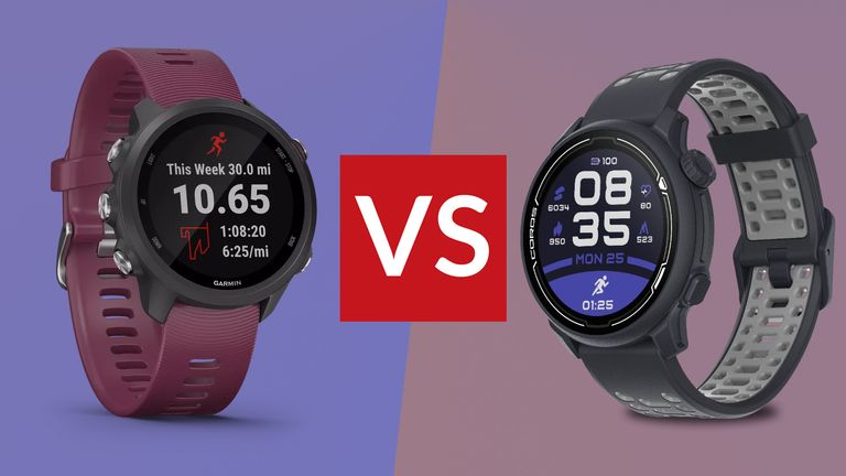 Garmin Forerunner 245 vs Coros Pace 2: Garmin Forerunner 245 on blue background (left) and Coros Pace 2 on purple background (right)