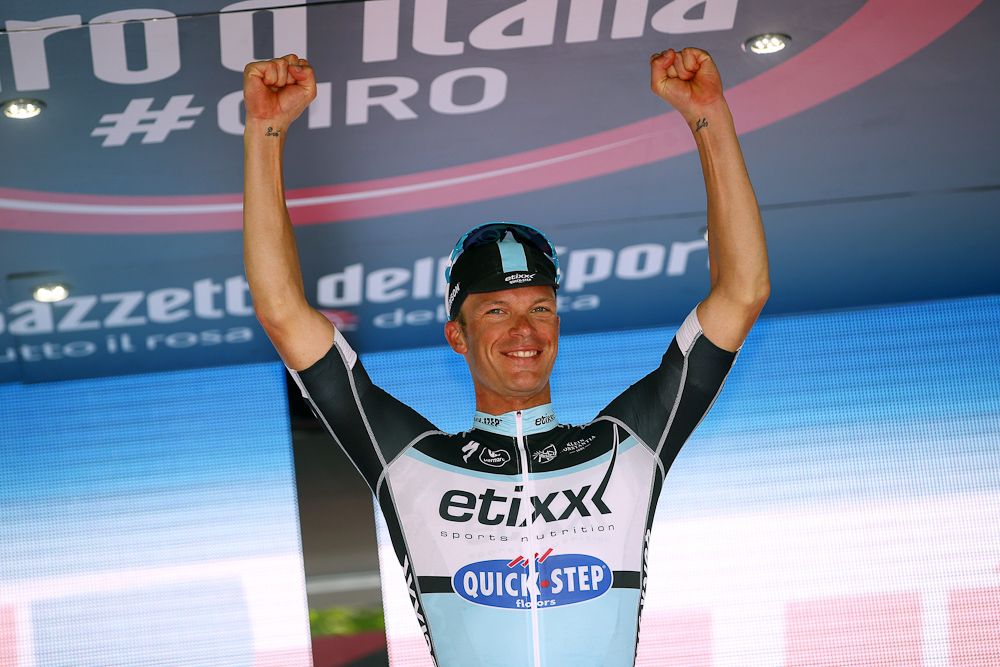 Iljo Keisse on the final podium in Milan.