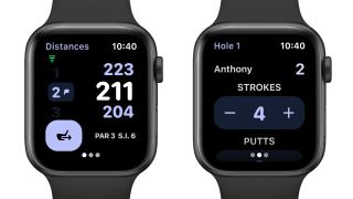 Two Hole 19 app screens on Apple Watches