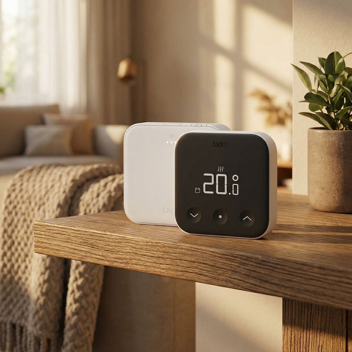 Tado thermostat x, one of the best smart thermostats, on a wooden table ledge next to a plant
