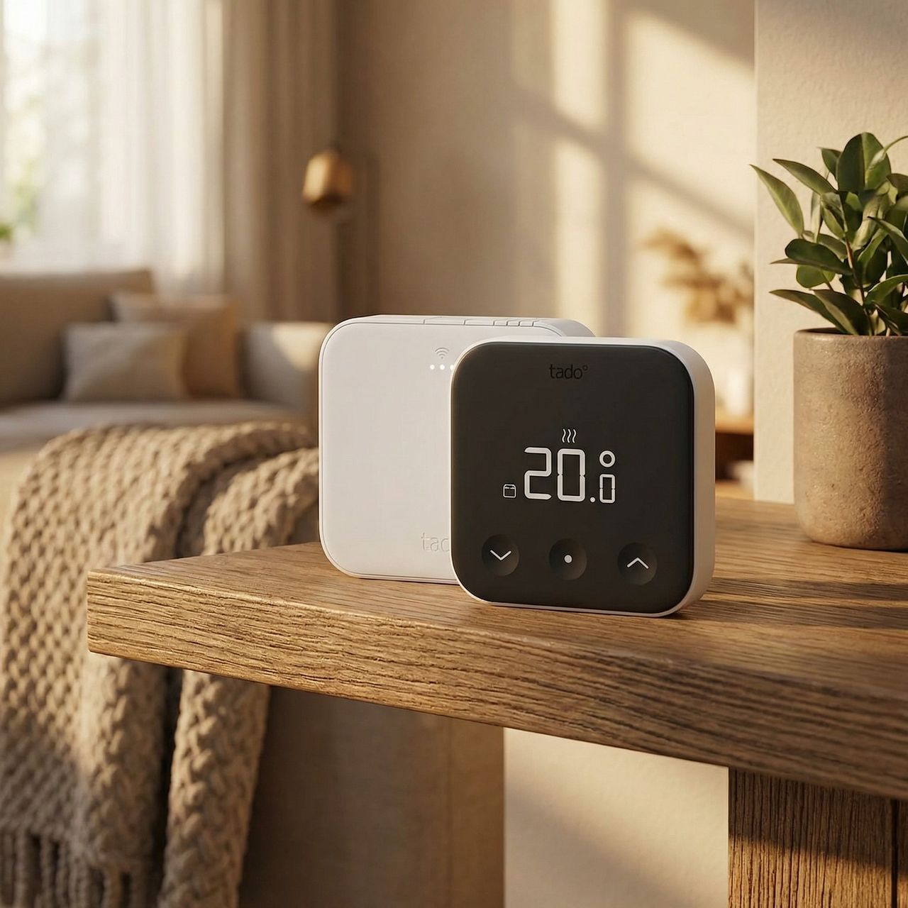 Tado thermostat x, one of the best smart thermostats, on a wooden table ledge next to a plant