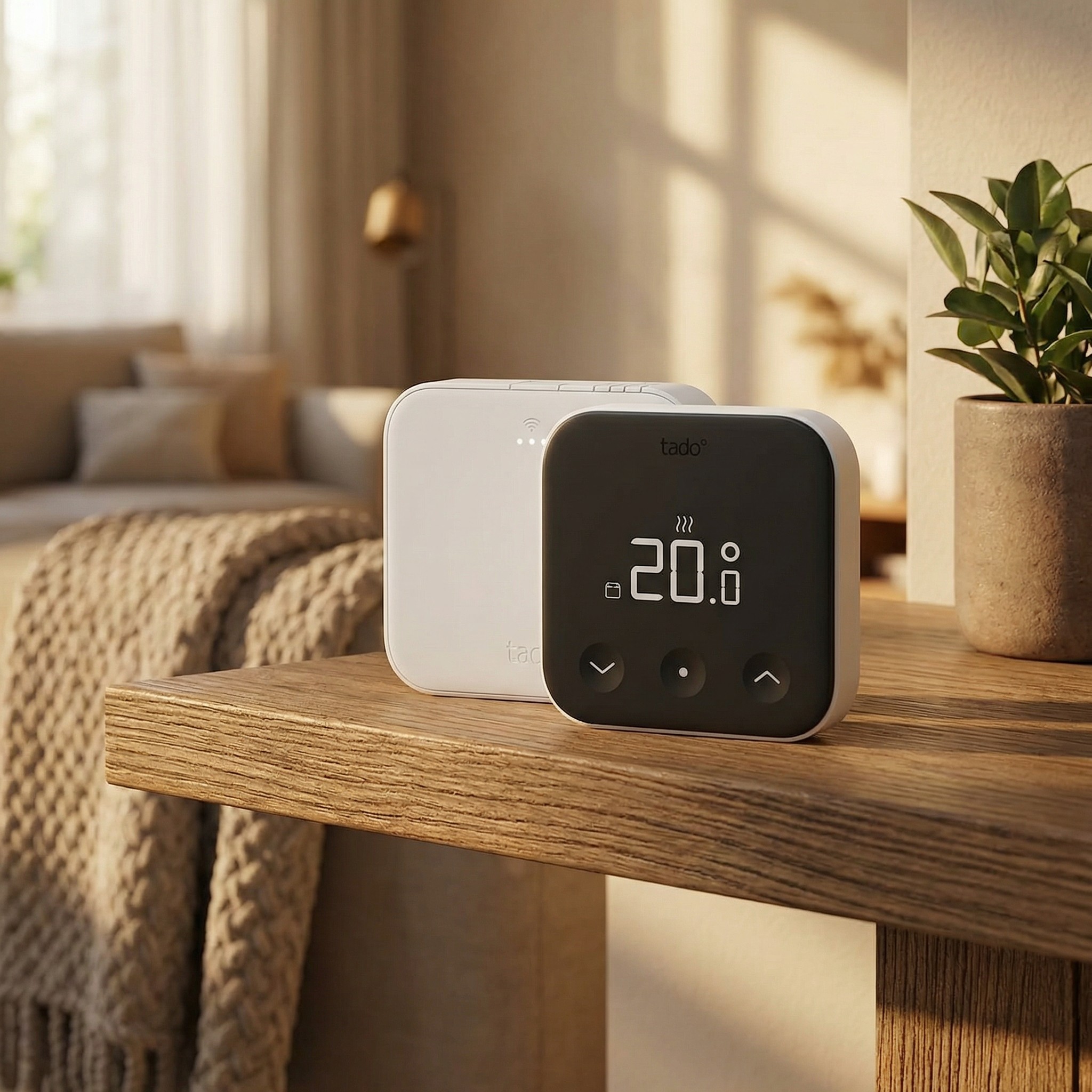 Tado thermostat x, one of the best smart thermostats,  on a wooden table ledge next to a plant