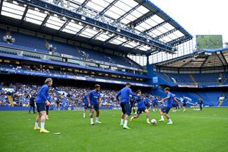 Chelsea players warming up ahead of their Premier League game against Tottenham at Stamford Bridge.