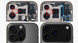 Close-up of iPhone camera internals with components; two different phone models (16 Pro and 17 Pro) with visible camera designs