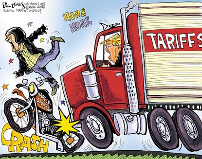 Political cartoon U.S. Trump tariffs trade war Harley-Davidson crash