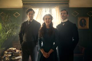 Millie Bobby Brown, Henry Cavill and Sam Claflin in "Enola Holmes" on Netflix.