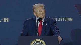 A still from a YouTube video of President Trump speaking at an AI summit in Washington DC