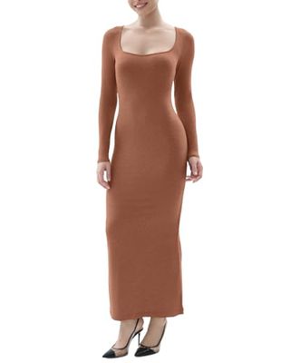 Gaun Slip Lounge Lembut Wanita Shaperx Gaun Bodycon Bergaris Seksi, Karamel, S