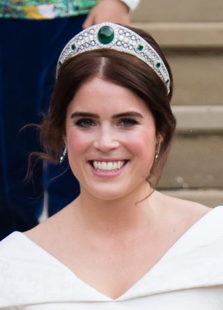 Princess Eugenie of York leaves St George's Chapel in Windsor Castle following her wedding at St. George's Chapel on October 12, 2018 in Windsor, England