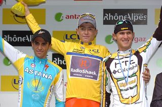 The final overall podium: Alberto Contador (Astana) in second, Janez Brajkovic (RadioShack) in first and Tejay Van Garderen (HTC-Columbia)