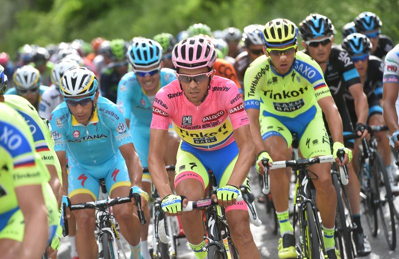Alberto Contador in his pink, fluo yellow and bright blue outfit