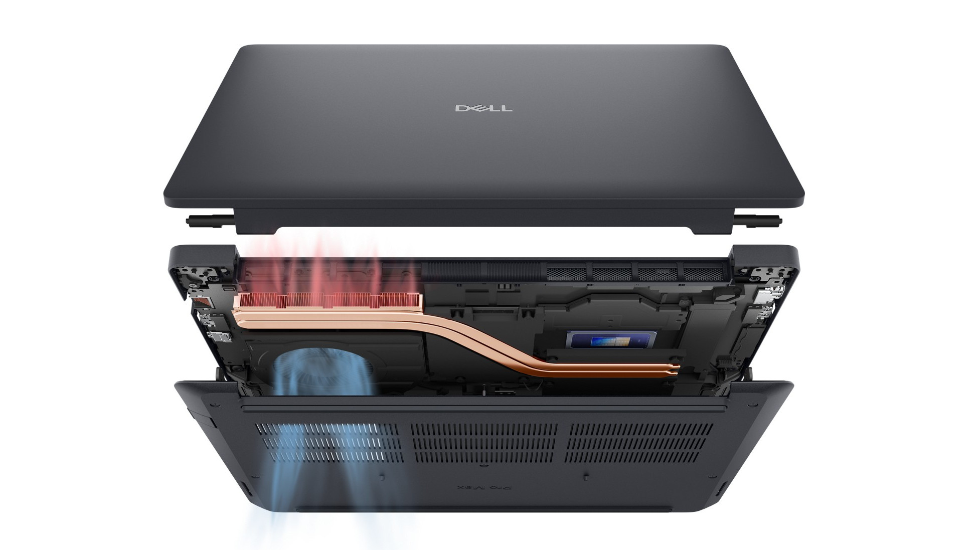 Dell Pro laptop internals showing cooling system