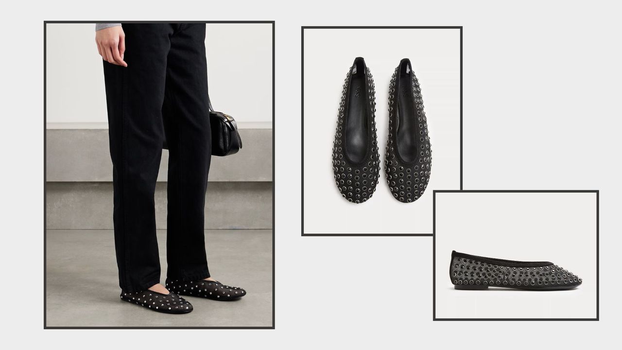 a designer pair of studded flats next to a high street version