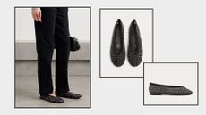 a designer pair of studded flats next to a high street version