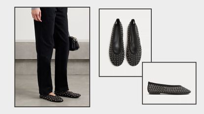 a designer pair of studded flats next to a high street version
