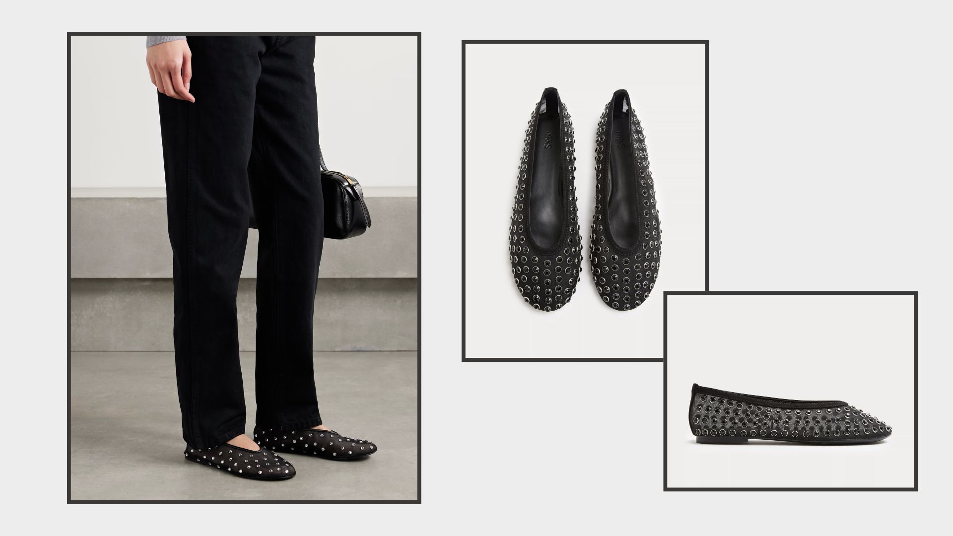 a designer pair of studded flats next to a high street version