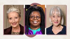 Collage of photos of Emma Thompson, Whoopi Goldberg and Helen Mirren on a beige background with mauve details